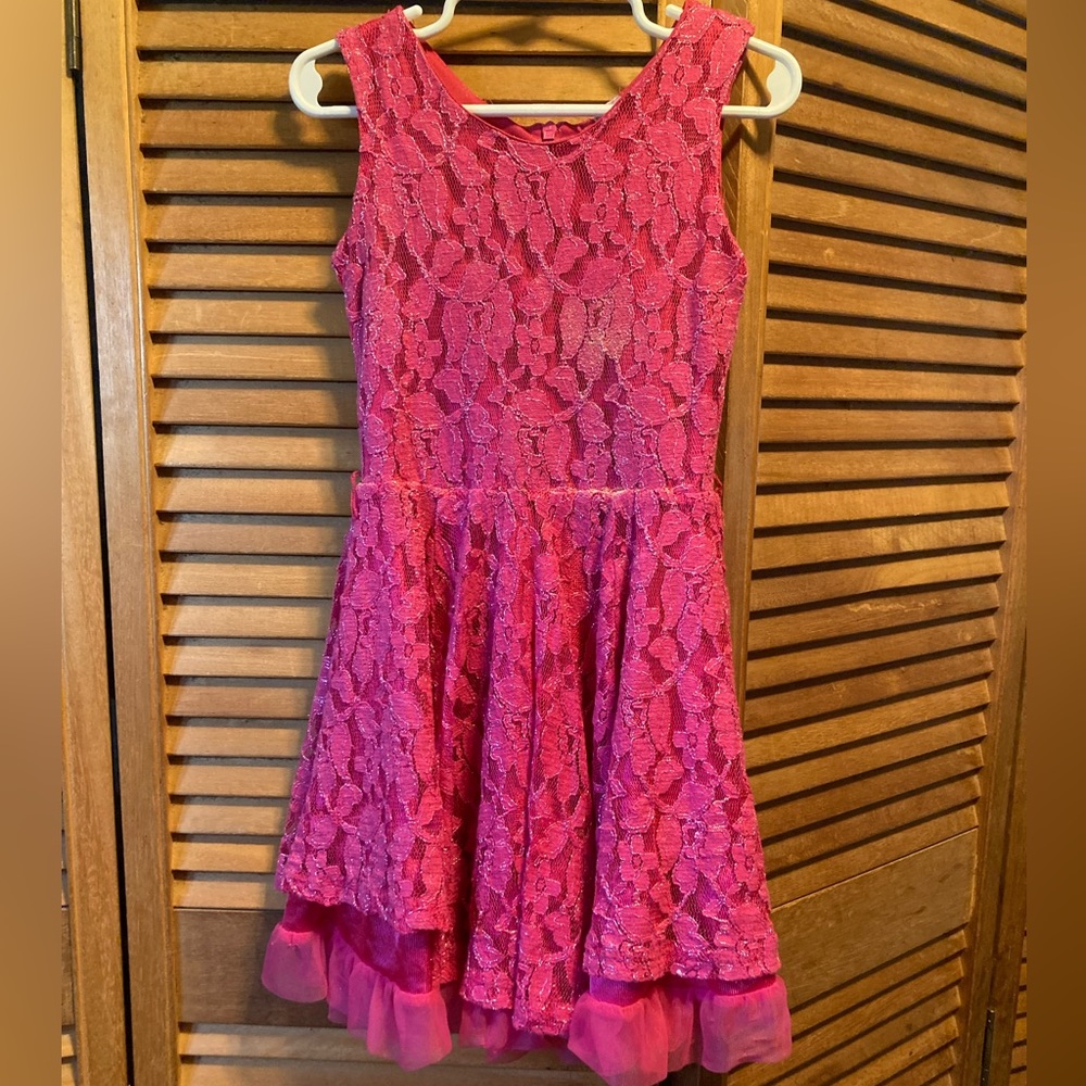 Beau Tees Pink and Silver Metallic Lace Asymmetrical Dress